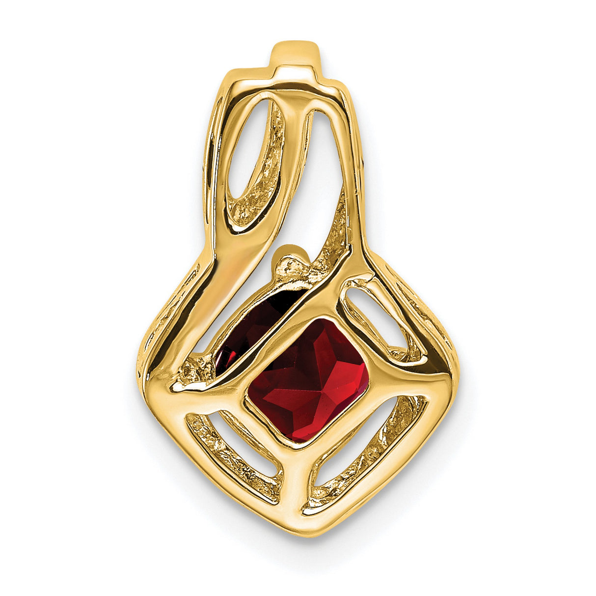 14k Yellow Gold Pendant with Garnet, Cushion Cut, Textured Frame and Diamond Accent