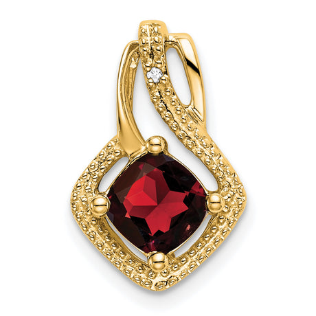 14k Yellow Gold Pendant with Garnet, Cushion Cut, Textured Frame and Diamond Accent