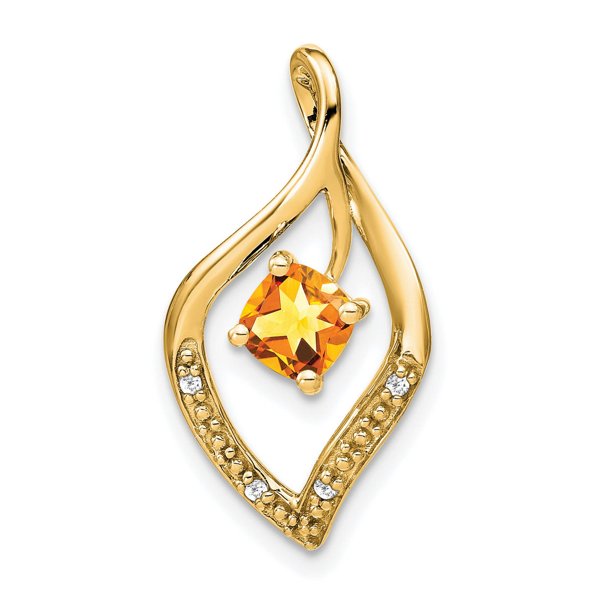 14k Yellow Gold Pendant with Cushion Cut Citrine and Diamond Accents, Flame Swirl Design