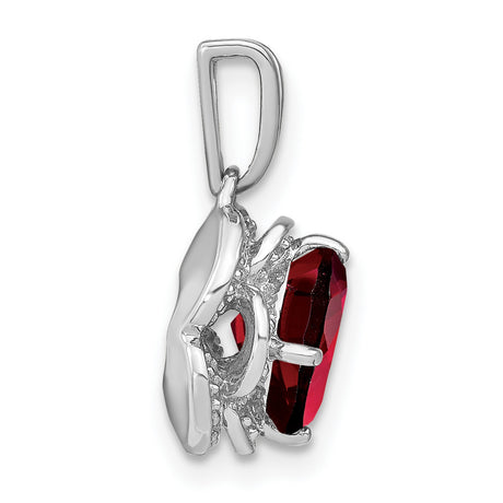 14k White Gold Pendant with Cushion Cut Garnet and Diamond Accents, Floral Scalloped Design