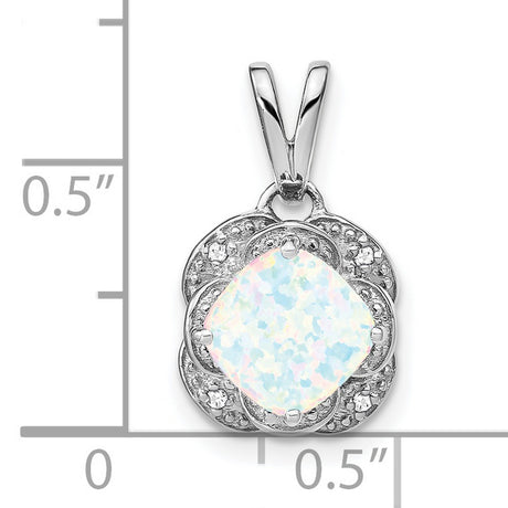14k White Gold Opal Pendant with Diamond Accents, Cushion Cut Halo Floral Design