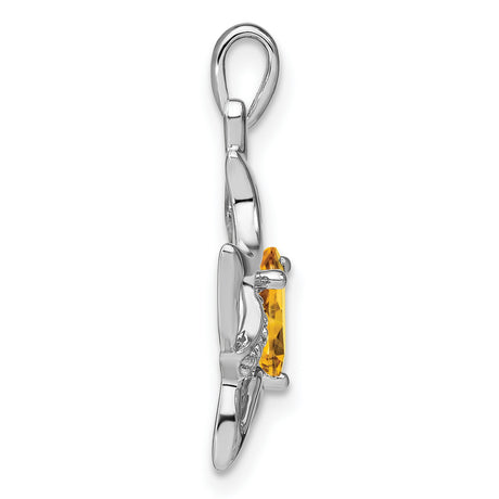Citrine and Diamond Cat Charm Pendant in Real 14k White Gold