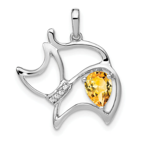 Citrine and Diamond Cat Charm Pendant in Real 14k White Gold