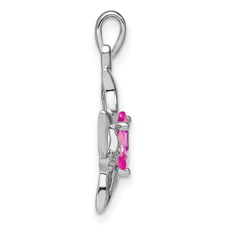 Created Pink Sapphire and Diamond Cat Charm Pendant in Real 14k White Gold