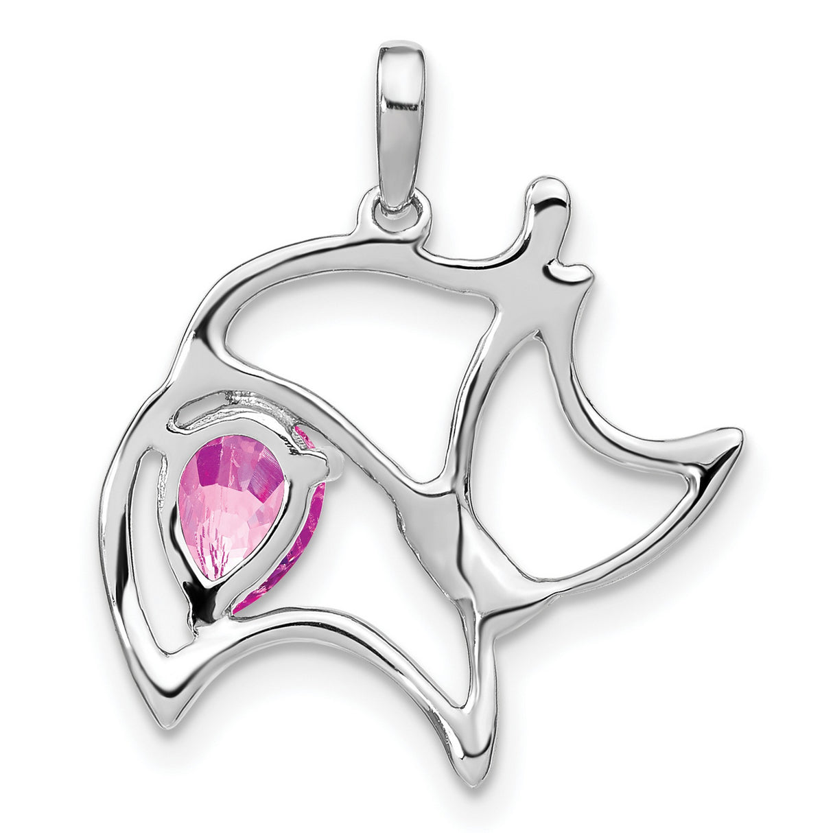 Created Pink Sapphire and Diamond Cat Charm Pendant in Real 14k White Gold