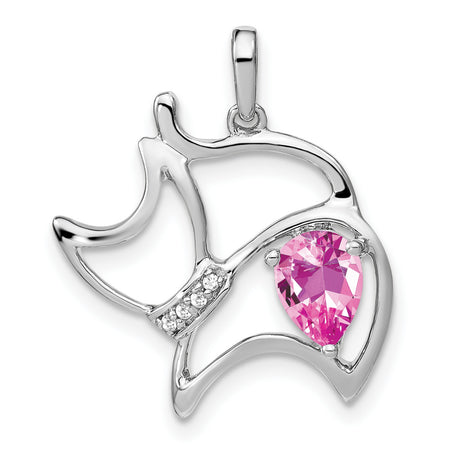 Created Pink Sapphire and Diamond Cat Charm Pendant in Real 14k White Gold