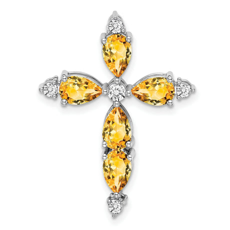 14k White Gold Cross Pendant with Citrine and Diamond Accents, Polished Finish, Faith Jewelry