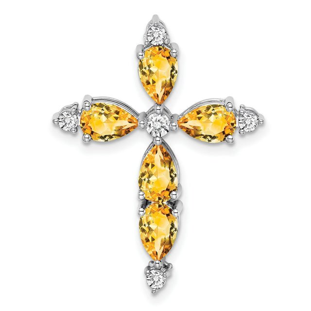 14k White Gold Cross Pendant with Citrine and Diamond Accents, Polished Finish, Faith Jewelry