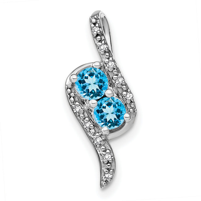 14k White Gold Pendant with Swiss Blue Topaz and Diamond, Modern Slide Design for Women
