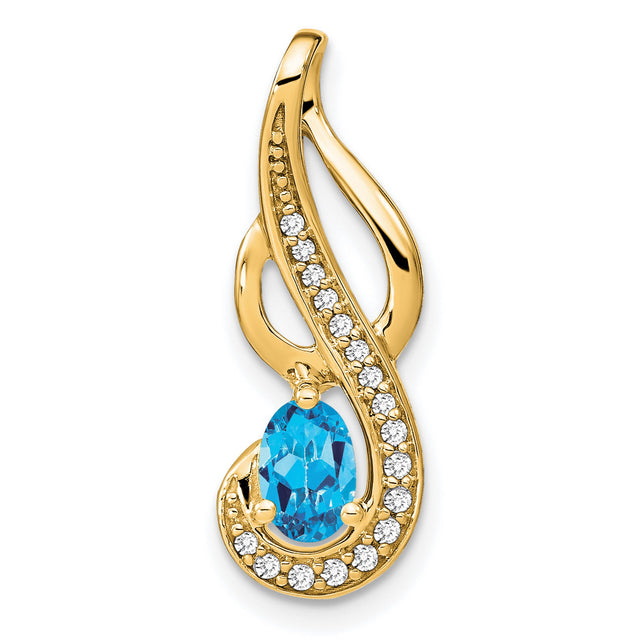 Blue Topaz and Diamond Swirl Charm Pendant in Real 14k Yellow Gold