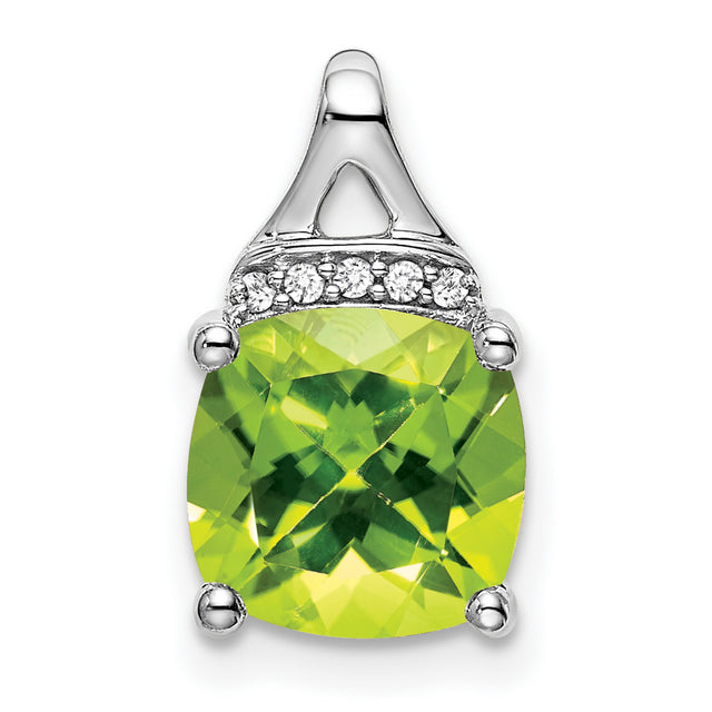 14k White Gold Pendant with Cushion Cut Peridot and Diamond Accents, Modern Design