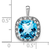 14k White Gold Blue Topaz Pendant with Diamond Halo, Cushion Cut Gemstone Jewelry
