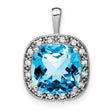 14k White Gold Blue Topaz Pendant with Diamond Halo, Cushion Cut Gemstone Jewelry