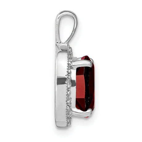 14k White Gold Pendant with Cushion Cut Garnet and Diamond Halo Accent
