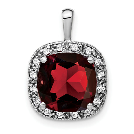 14k White Gold Pendant with Cushion Cut Garnet and Diamond Halo Accent