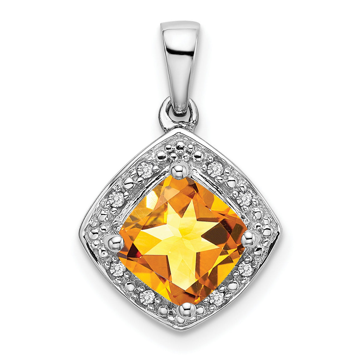 10k White Gold Pendant with Cushion Cut Citrine and Diamond Halo Design