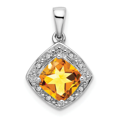 10k White Gold Pendant with Cushion Cut Citrine and Diamond Halo Design