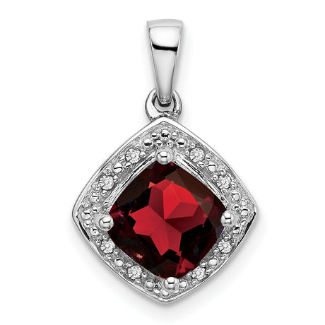Cushion Garnet and Diamond Charm Pendant in Real 14k White Gold