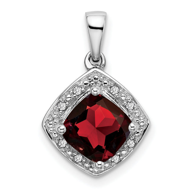 Cushion Garnet and Diamond Charm Pendant in Real 14k White Gold