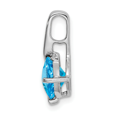 14k White Gold Pendant with Cushion Cut Swiss Blue Topaz and Diamond Accent, Asymmetrical Design