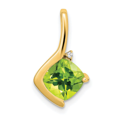 14k Yellow Gold Peridot Pendant with Diamond Accent, Cushion Cut, Asymmetrical Modern Charm