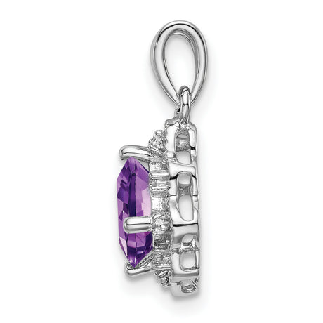 14k White Gold Pendant with Cushion-Cut Amethyst, Diamond Accents, Vintage Floral Filigree Design