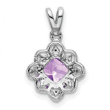 14k White Gold Pendant with Cushion-Cut Amethyst, Diamond Accents, Vintage Floral Filigree Design