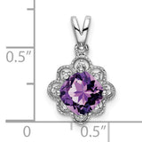 14k White Gold Pendant with Cushion-Cut Amethyst, Diamond Accents, Vintage Floral Filigree Design