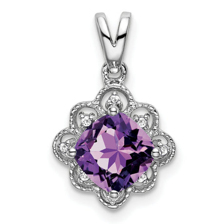 14k White Gold Pendant with Cushion-Cut Amethyst, Diamond Accents, Vintage Floral Filigree Design