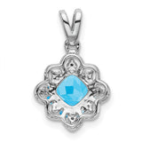 14k White Gold Pendant with Swiss Blue Topaz and Diamond, Filigree Floral Design