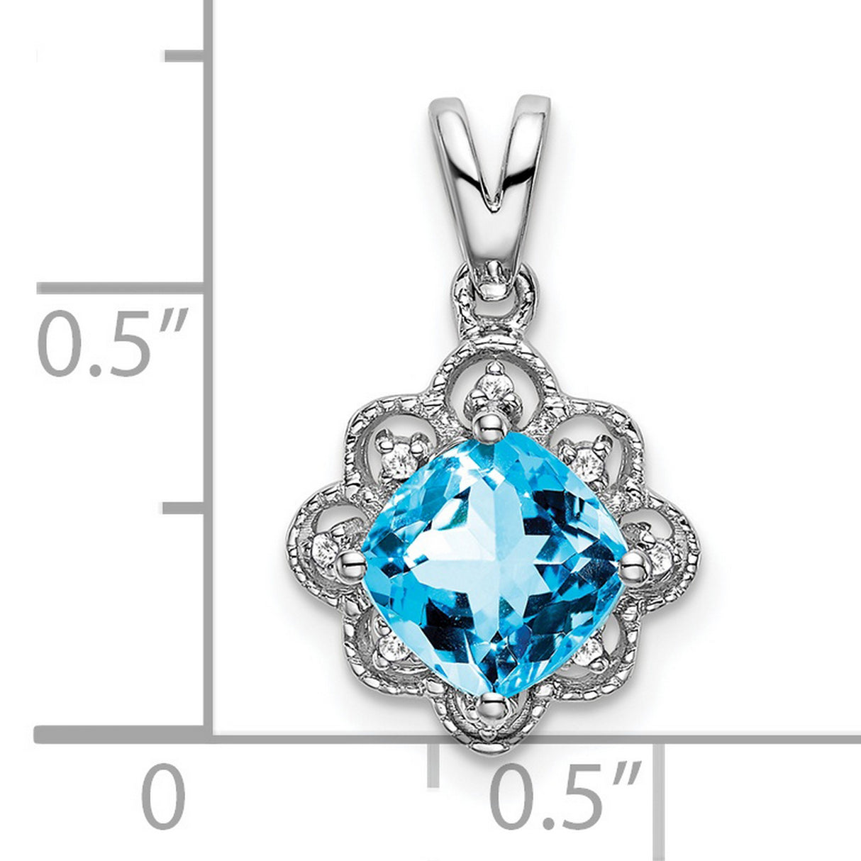 14k White Gold Pendant with Swiss Blue Topaz and Diamond, Filigree Floral Design