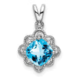 14k White Gold Pendant with Swiss Blue Topaz and Diamond, Filigree Floral Design