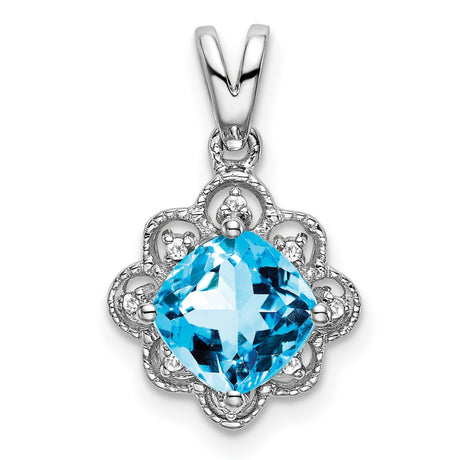 14k White Gold Pendant with Swiss Blue Topaz and Diamond, Filigree Floral Design