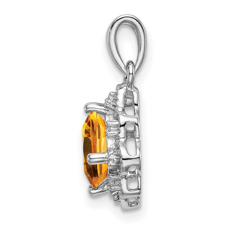 14k White Gold Pendant with Cushion Cut Citrine and Diamond, Vintage Floral Filigree Design
