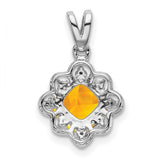 14k White Gold Pendant with Cushion Cut Citrine and Diamond, Vintage Floral Filigree Design