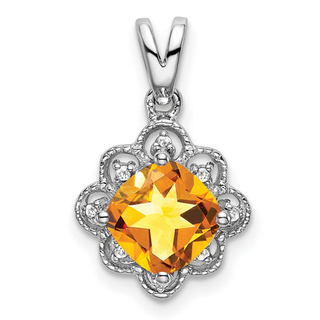 14k White Gold Pendant with Cushion Cut Citrine and Diamond, Vintage Floral Filigree Design
