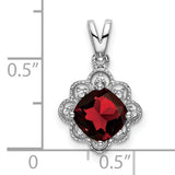 14k White Gold Filigree Pendant with Cushion Cut Garnet and Diamond Accents