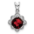 14k White Gold Filigree Pendant with Cushion Cut Garnet and Diamond Accents