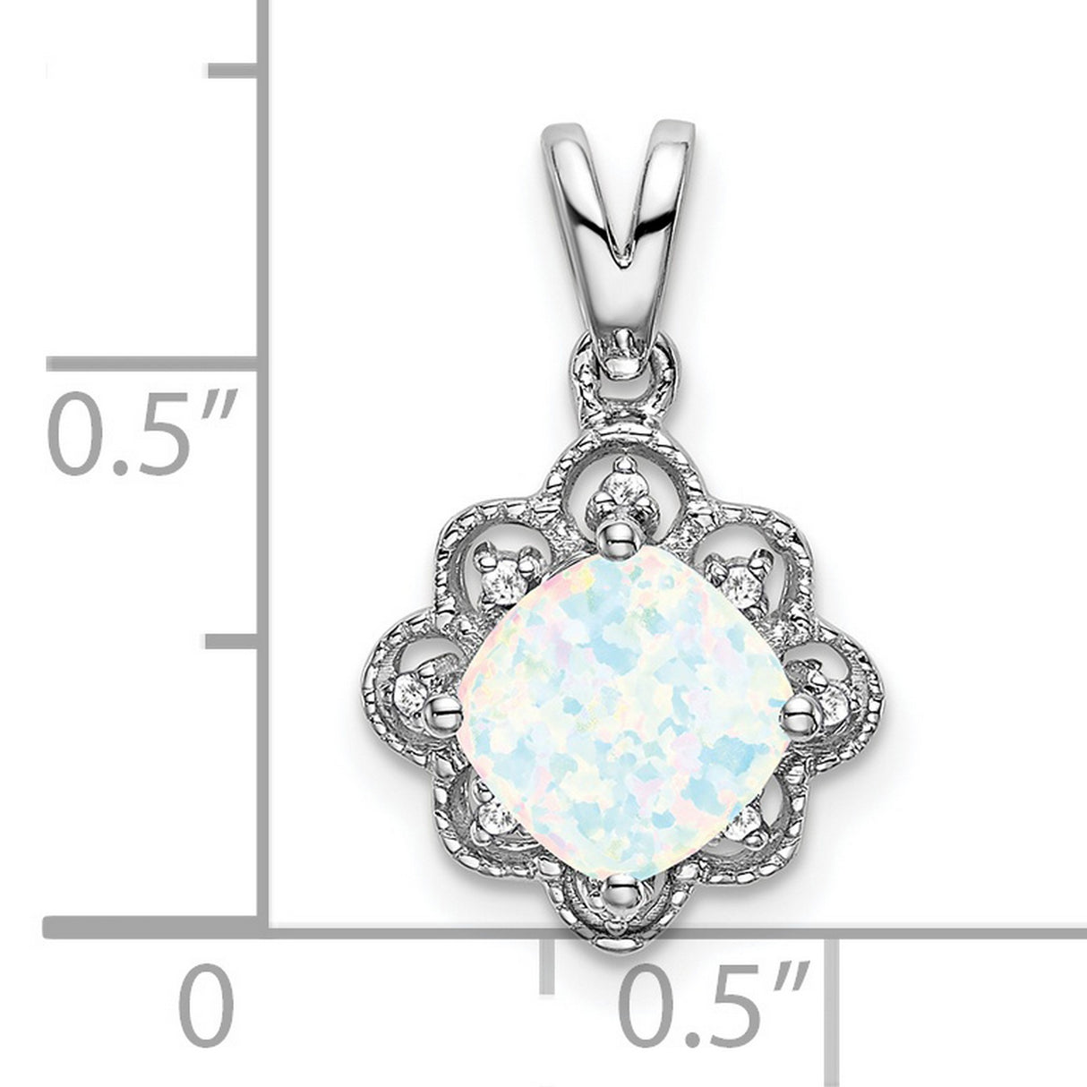 14k White Gold Pendant with Cushion Cut Lab Created Opal, Diamond Accents, Vintage Floral Filigree