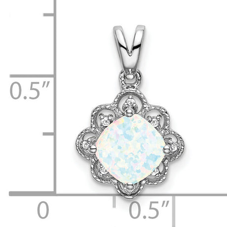 14k White Gold Pendant with Cushion Cut Lab Created Opal, Diamond Accents, Vintage Floral Filigree