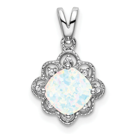 14k White Gold Pendant with Cushion Cut Lab Created Opal, Diamond Accents, Vintage Floral Filigree