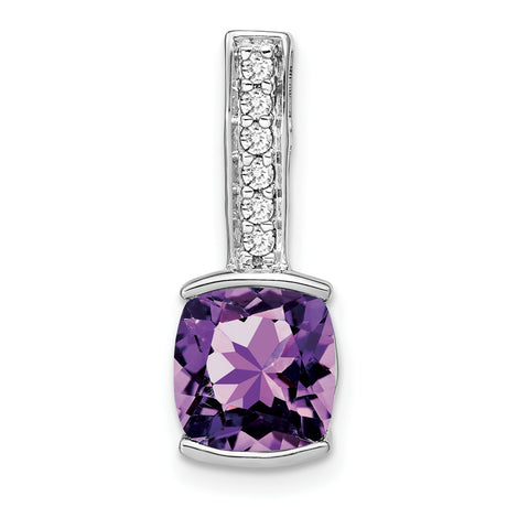 14k White Gold Pendant with Cushion Cut Amethyst and Vertical Diamond Accents