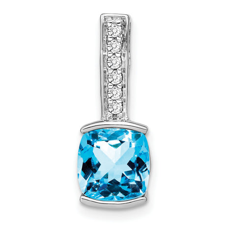 14k White Gold Pendant with Cushion Cut Swiss Blue Topaz and Vertical Diamond Accent