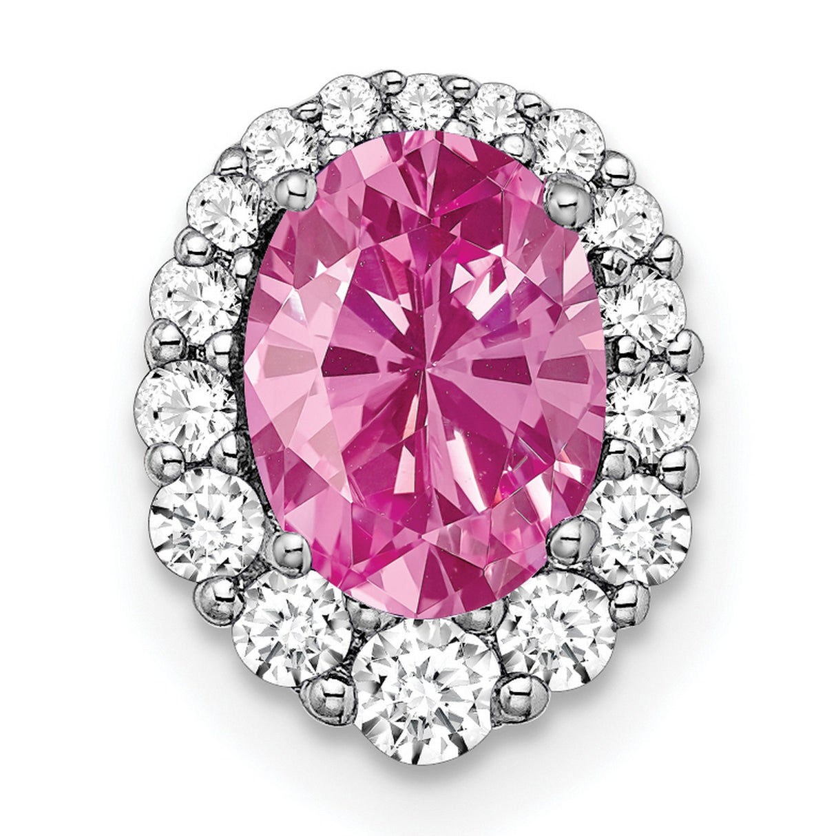 14k White Gold Ring with Oval Pink Lab Created Sapphire and Diamond Halo