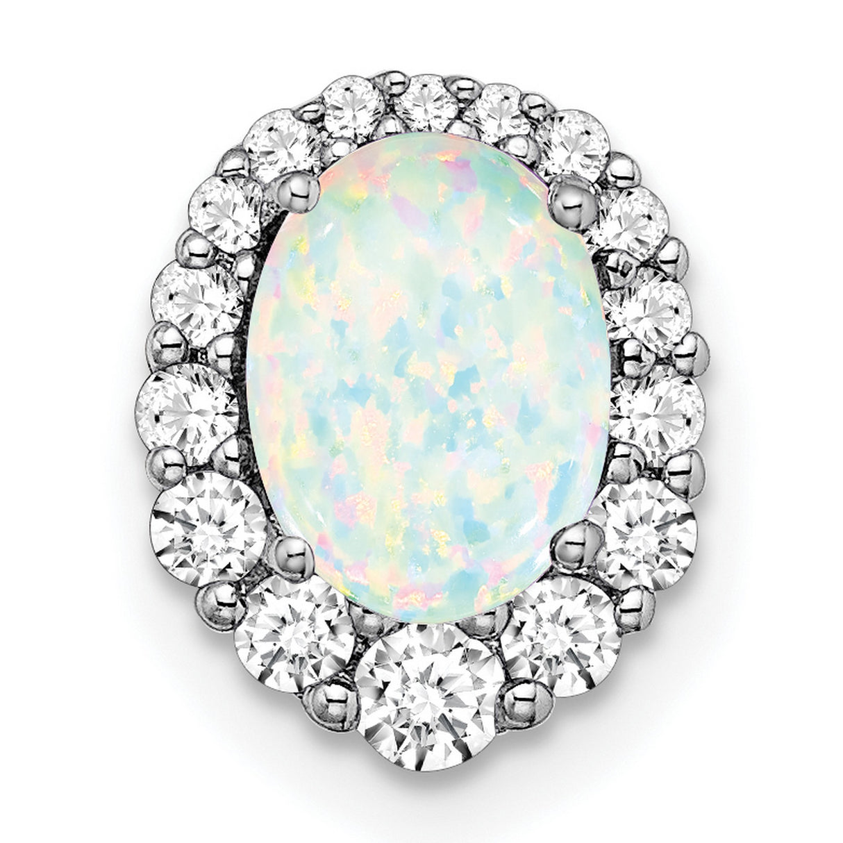 14k White Gold Ring with Oval Lab Created Opal and Diamond Halo Cluster