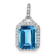 10k White Gold Pendant with Emerald Cut Swiss Blue Topaz and Diamond Halo