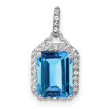 10k White Gold Pendant with Emerald Cut Swiss Blue Topaz and Diamond Halo