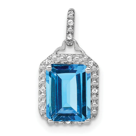 10k White Gold Pendant with Emerald Cut Swiss Blue Topaz and Diamond Halo