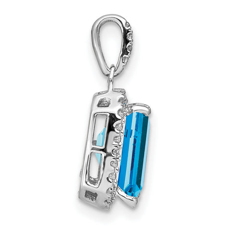 14k White Gold Blue Topaz Pendant with Diamond Halo, Emerald-Cut Gemstone Necklace