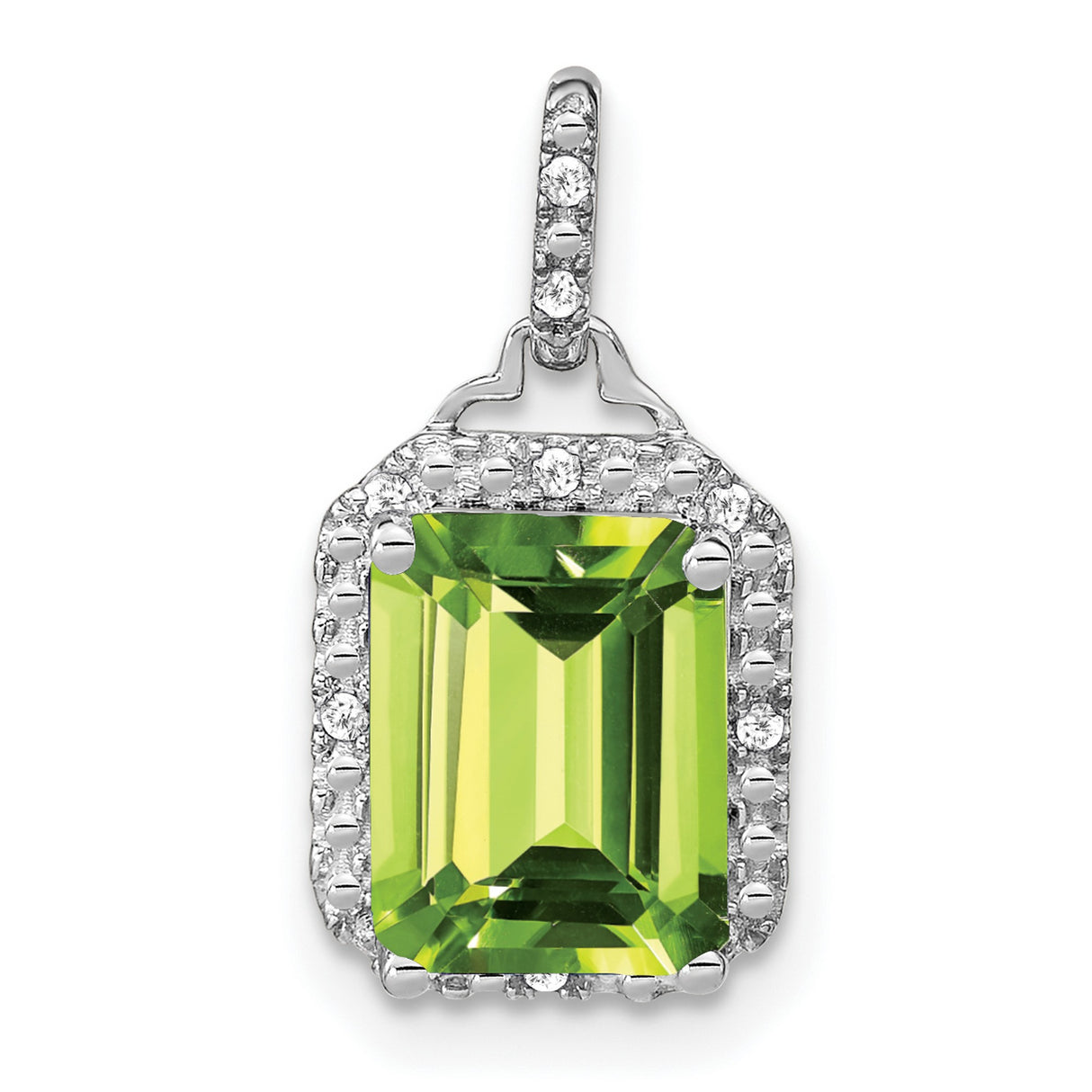 14k White Gold Peridot Pendant with Diamond Halo, Emerald-Cut August Birthstone Jewelry